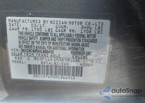 2017 Nissan Versa 1.6 Sv из США, поврежденный, VIN 3N1CN7AP0HL866415